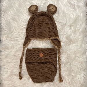 Gender Neutral Baby Brown Crochet Hat & Diaper cover Size OS